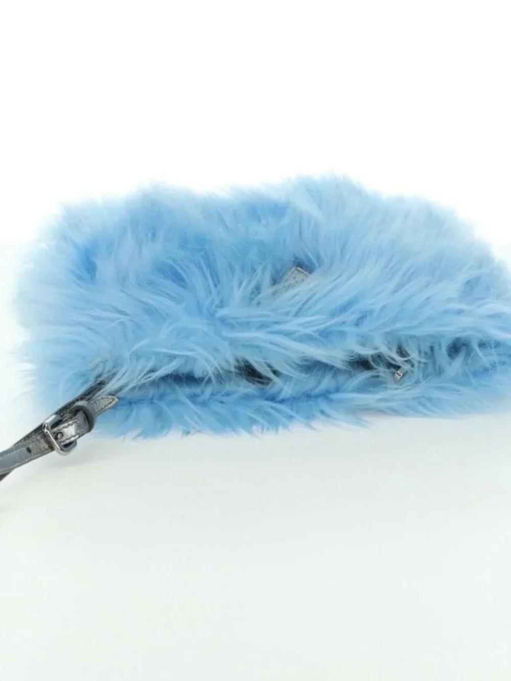 PRADA Clutch Bag Fur Silver Light Blue Auth